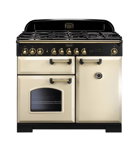 Rangemaster CDL100DFFCR/B Classic Deluxe 100cm Wide Dual Fuel Freestanding Range Cooker In Cream  Brass Trim