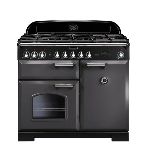 Rangemaster CDL100DFFSL/C Classic Deluxe 100 Dual Fuel Range Cooker Slate with Chrome trim A Rated