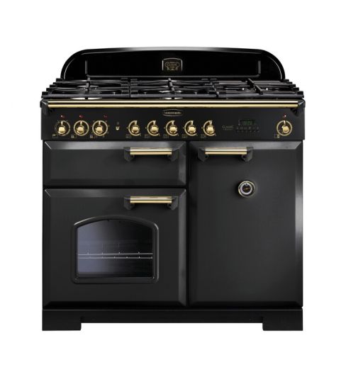 Rangemaster CDL100DFFCB/B Classic Deluxe 100cm Dual Fuel Range Cooker in Charcoal Black and Brass A Rated