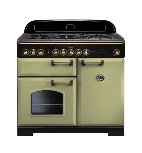 Rangemaster CDL100DFFOG/B Classic Deluxe 100 Dual Fuel Range Cooker in Olive Green Brass Trim A Rated