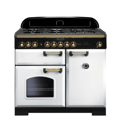 Rangemaster CDL100DFFWH/B Classic Deluxe 100 Dual Fuel Range Cooker White with Brass trim A Rated