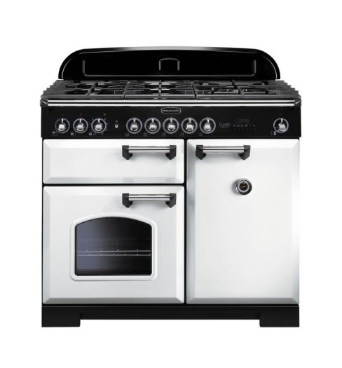 Rangemaster CDL100DFFWH/C Classic Deluxe 100 Dual Fuel Range Cooker White with Chrome trim A Rated