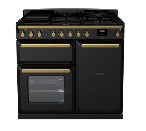 Rangemaster ESDL100DFPGBL/AB1 100cm Wide Dual Fuel Range Cooker - Gloss Black / Antique Brass - A Rated