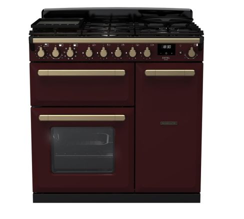 Rangemaster ESDL90DFPBOR/AB1 90cm Wide Dual Fuel Range Cooker - Bordeaux / Antique Brass - A Rated