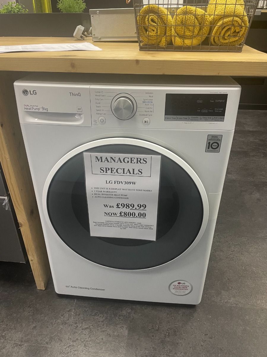 LG FDV309W Tumble Dryer 8Kg White Heat Pump at Cartersdirect in