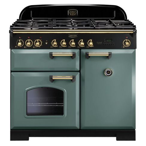 Rangemaster CDL100DFFMG/B Classic Deluxe 100cm Dual Fuel Range Cooker in Mineral Green and Brass A Rated