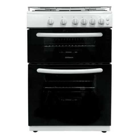 Statesman GDL60W2 Glass Lid Twin Cavity Gas Cooker, 4 Gas Burners, 60cm Wide, White
