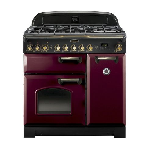 Rangemaster CDL90DFFCY/B Classic Deluxe 90cm Wide Cranberry Dual Fuel Freestanding Range Cooker – Brass Trim