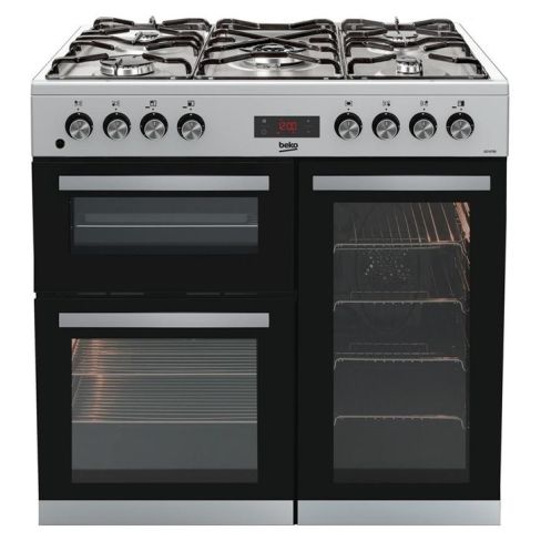 Beko KDVF90X 90cm Double Oven Range Cooker with 5 Burner Gas Hob - Stainless Steel