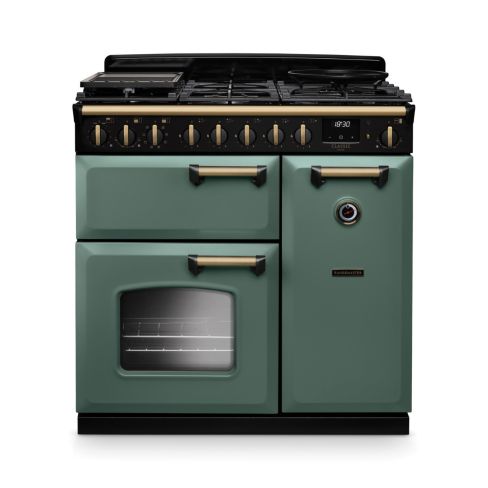 Rangemaster CLDL90DFPMGR/AB1 Classic Deluxe  90 DF  Dual Fuel Range Cooker Mineral Green Antique Brass