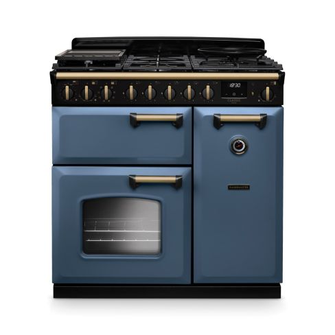 Rangemaster CLDL90DFPSTB/AB1 Classic Deluxe  90 DF  Dual Fuel Range Cooker Stone Blue Antique Brass
