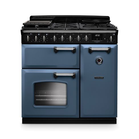 Rangemaster CLDL90DFPSTB/CM1 Classic Deluxe  90 DF  Dual Fuel Range Cooker Stone Blue Chrome