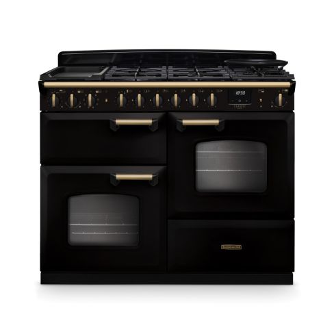 Rangemaster CLDLO110DFPGBL/AB1 Classic Deluxe OC 110 DF Dual Fuel Range Cooker Gloss Black Antique Brass