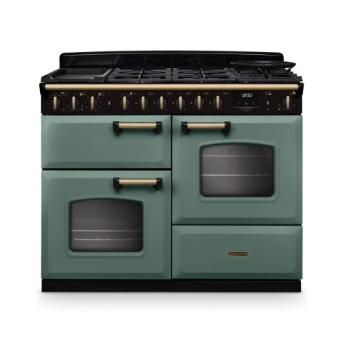 Rangemaster CLDLO110DFPMGR/AB1 Classic Deluxe OC 110 DF Dual Fuel Range Cooker Mineral Green Antique Brass