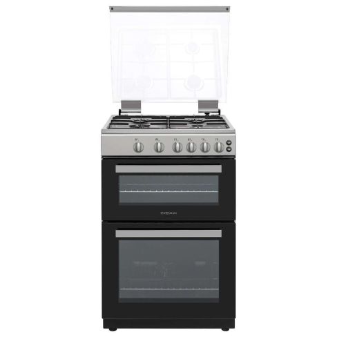 Statesman GDL60S Glass Lid Double Oven Gas Cooker, 4 Gas Burners, 60cm Wide, Silver