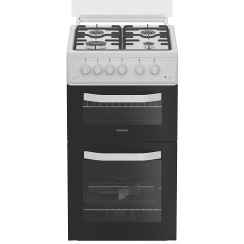 Hotpoint HTG5GCWL 50cm Twin Cavity Gas Cooker with Glass Lid in White 59L