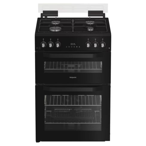 Hotpoint HTG6GDCB1 60cm Freestanding Gas Twin Cavity Cooker with Glass Lid - Black