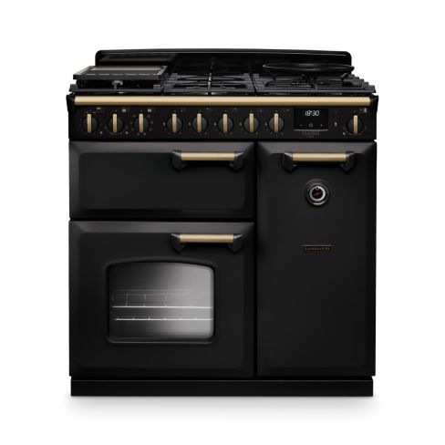 Rangemaster CLDL90DFPGBL/AB1 Classic Deluxe  90 DF  Dual Fuel Range Cooker Gloss Black Antique Brass