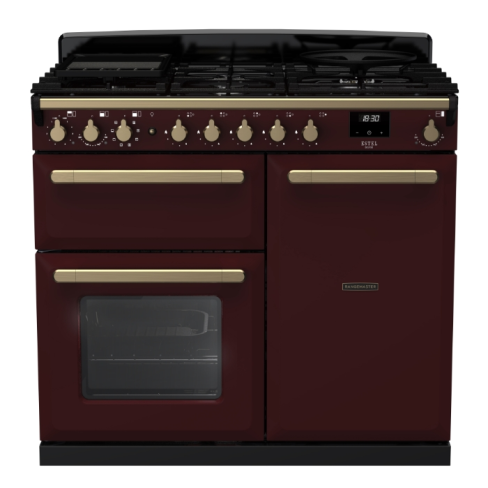 Rangemaster ESDL100DFPBOR/AB1 100cm Wide Dual Fuel Range Cooker - Bordeaux / Antique Brass - A Rated