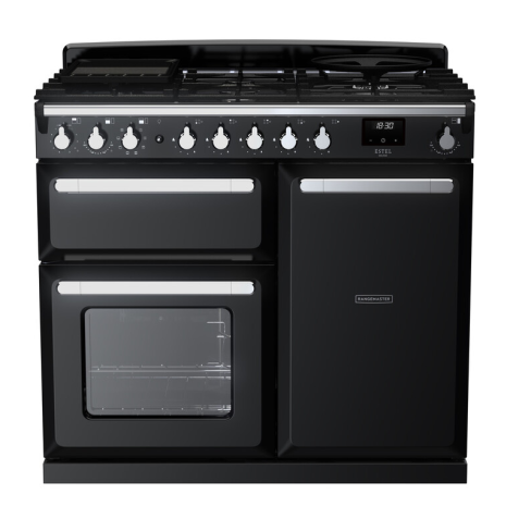 Rangemaster ESDL100DFPGBL/CM1 100cm Wide Dual Fuel Range Cooker - Gloss Black / Chrome - A Rated