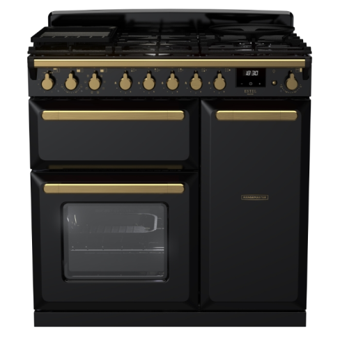 Rangemaster ESDL90DFPGBL/AB1 90cm Wide Dual Fuel Range Cooker - Gloss Black / Antique Brass - A Rated