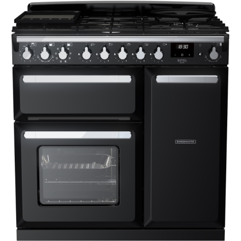 Rangemaster ESDL90DFPGBL/CM1 90cm Wide Dual Fuel Range Cooker - Gloss Black / Chrome - A Rated