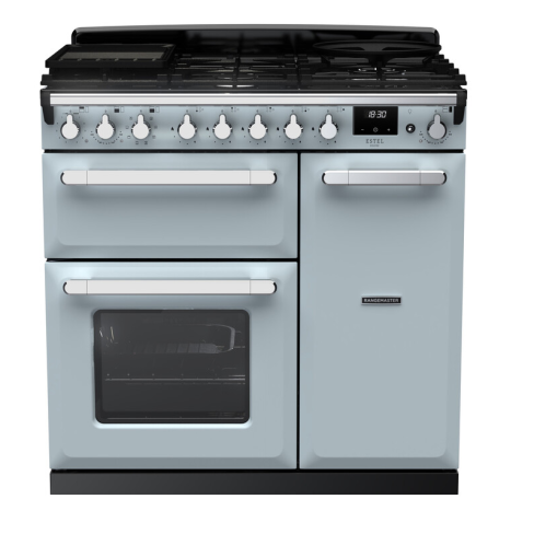 Rangemaster ESDL90DFPMSB/CM1 90cm Wide Dual Fuel Range Cooker - Misty Blue / Chrome - A Rated