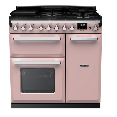 Rangemaster ESDL90DFPPPK/CM1 90cm Wide Dual Fuel Range Cooker - Pale Pink / Chrome - A Rated