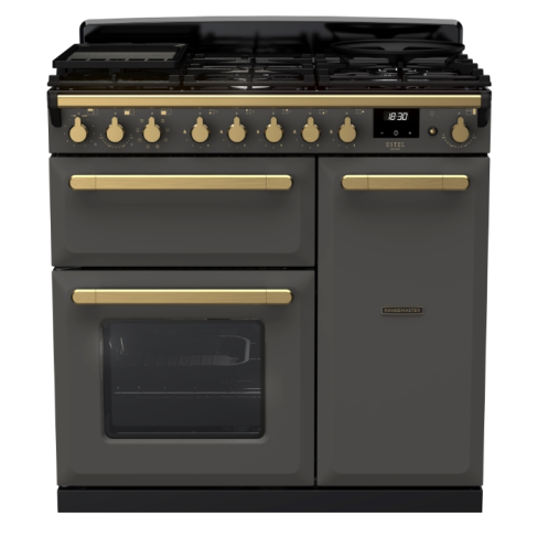 Rangemaster ESDL90DFPSLT/AB1 90cm Wide Dual Fuel Range Cooker - Slate / Antique Brass - A Rated