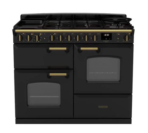 Rangemaster CLDLO110DFPCBL/AB1 Classic Deluxe OC 110 DF Dual Fuel Range Cooker Charcoal Black Antique Brass