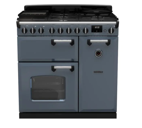 Rangemaster CLDL90DFPSTB/CM1 Classic Deluxe  90 DF  Dual Fuel Range Cooker Stone Blue Chrome