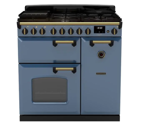 Rangemaster CLDL90DFPSTB/AB1 Classic Deluxe  90 DF  Dual Fuel Range Cooker Stone Blue Antique Brass